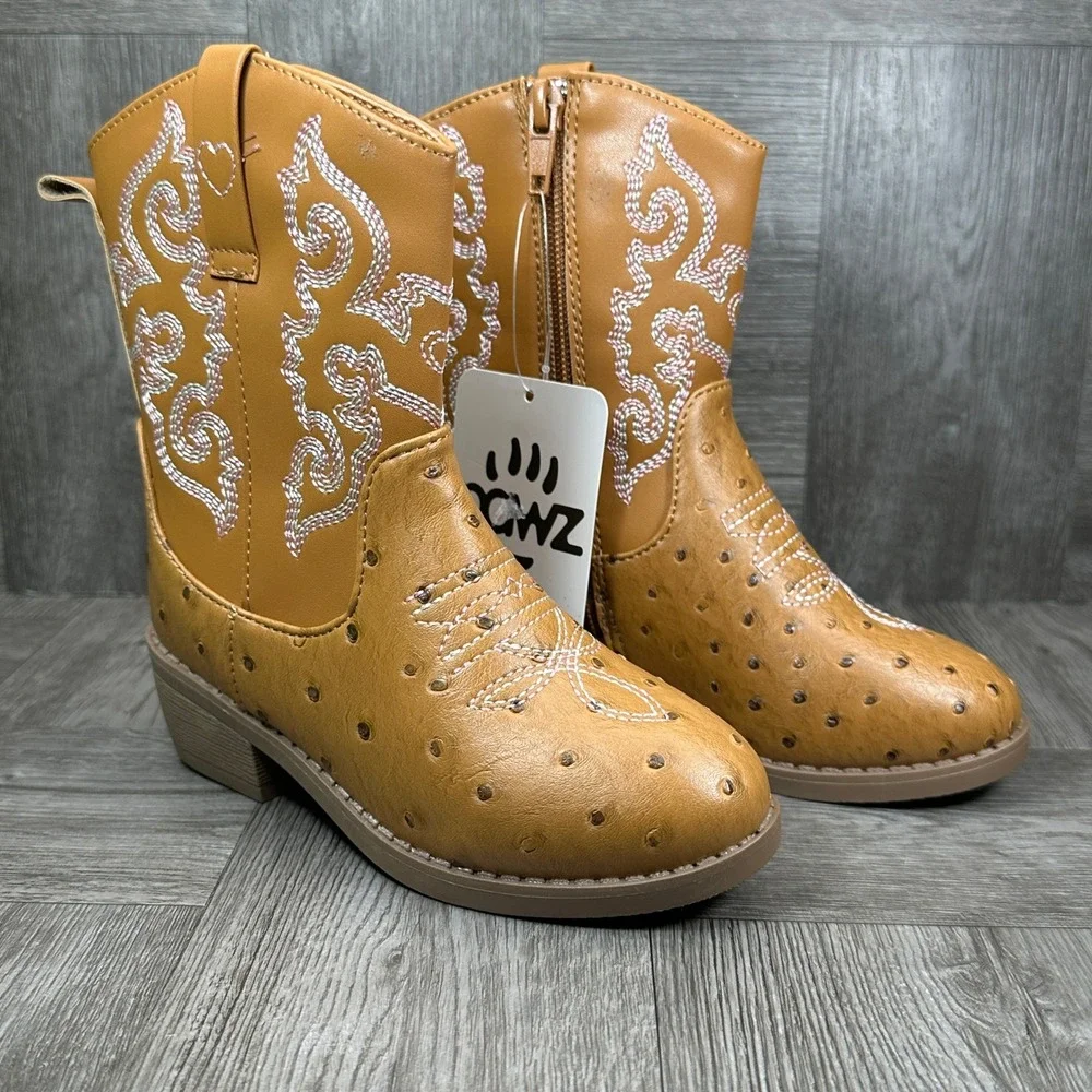 Pawz Western Boots Kids Size 10 Brown Ostrich Print Embroidered Zipper NEW